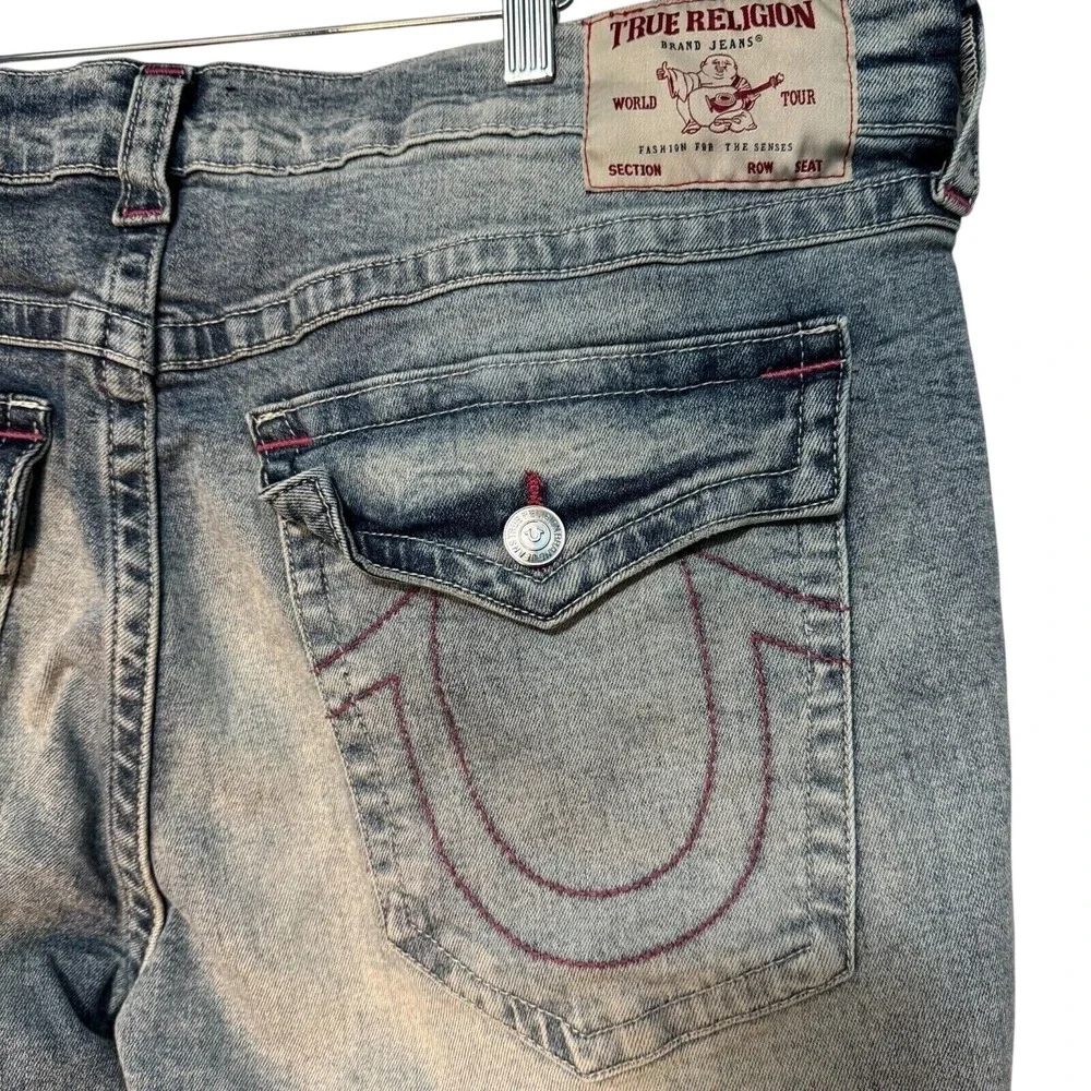 True Religion Ricky Relaxed Straight Jeans Mens 40x35 Blue Pink Stitch Distresed